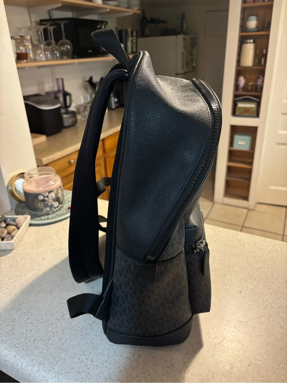 Michael Kors Black Backpack with Cream and Tan Stripe